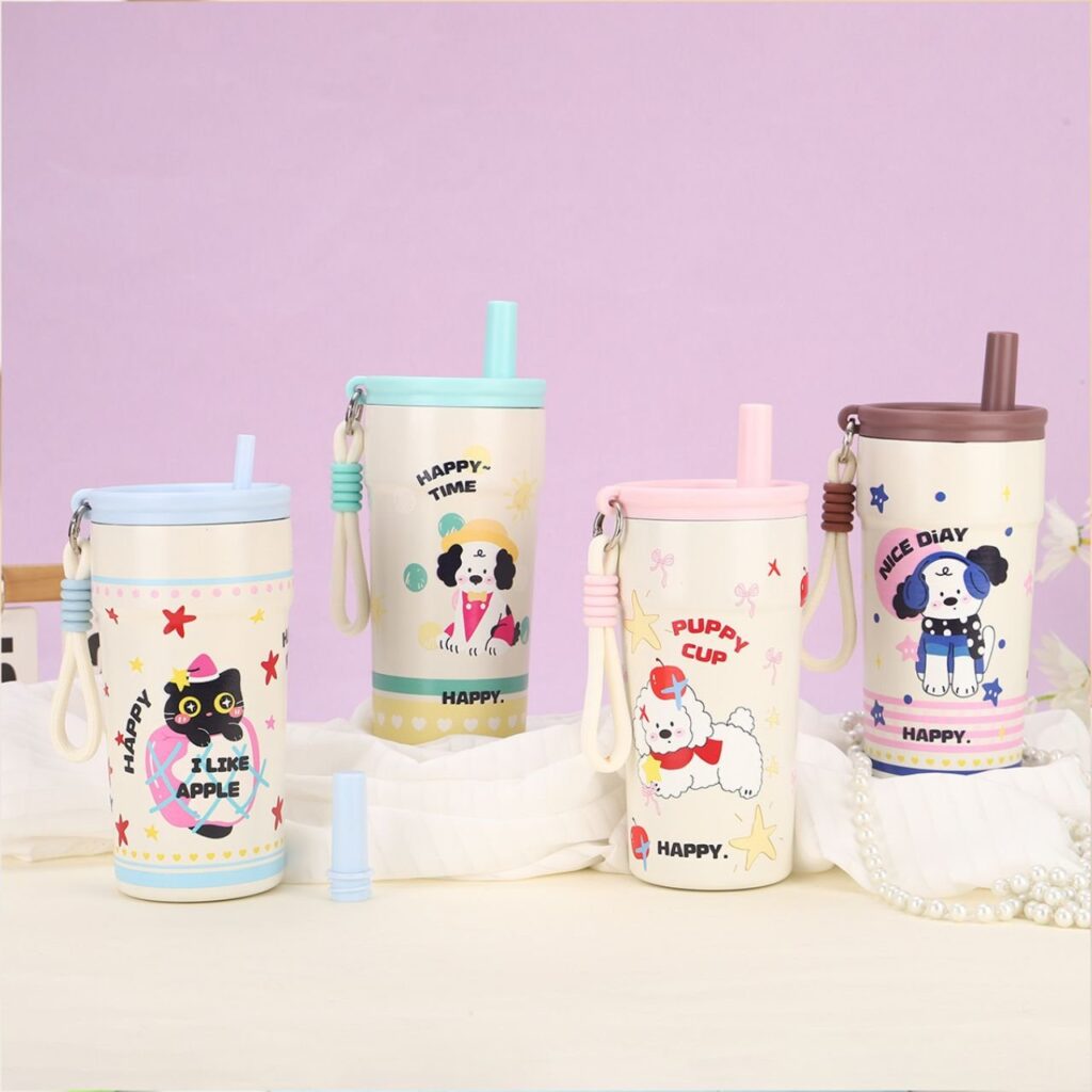 Stainless Steel Insulated Coffee Sipper with Straw & Carry Band | Portable & Leakproof | Cartoon Print | 500 ML | Assorted Prints | Box Packing