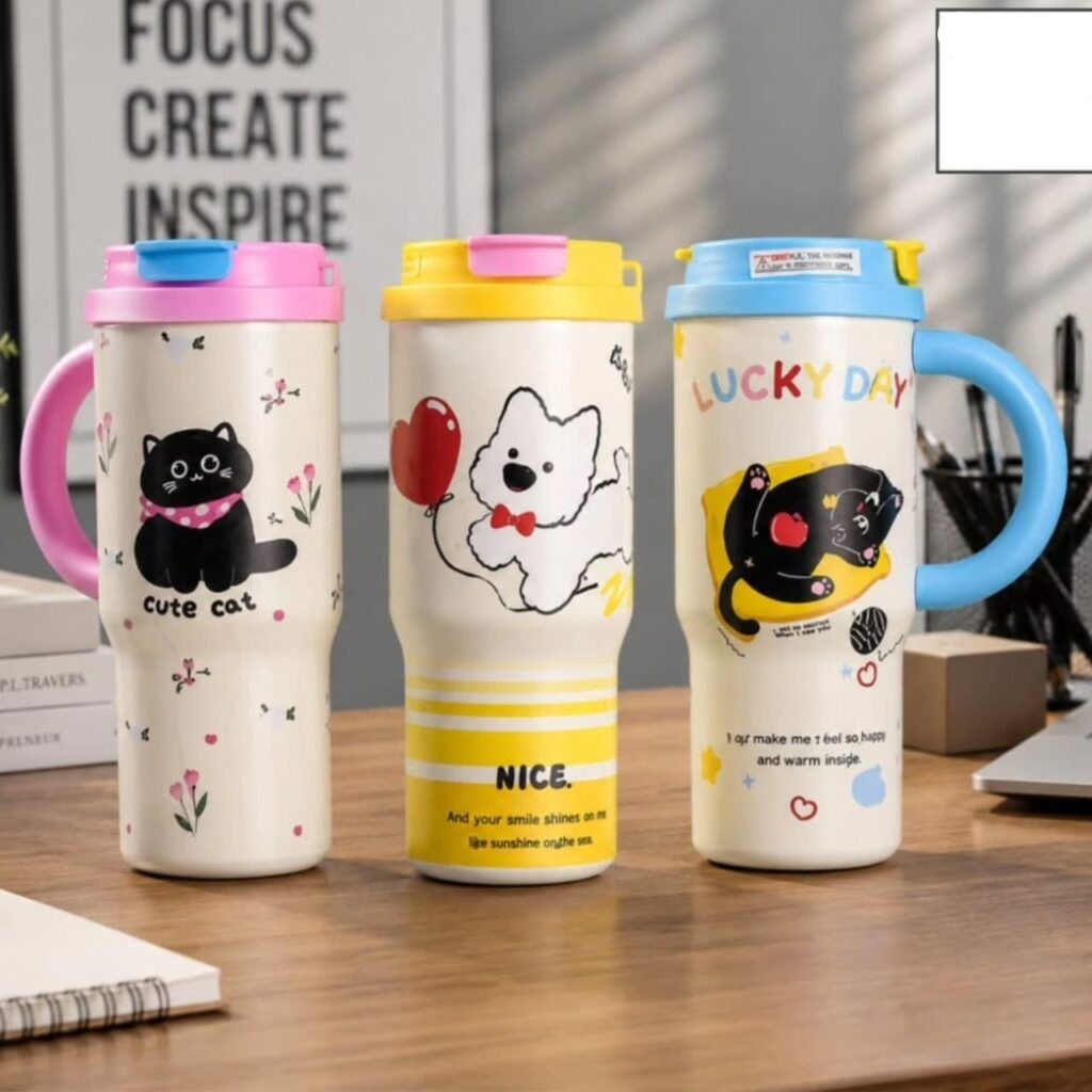 Stainless Steel Tumbler with Handle | Double Wall Insulation | Dual Drinking System | Cartoon Printed | Portable & Leakproof | 700 ML | Assorted Colors | Box Packing
