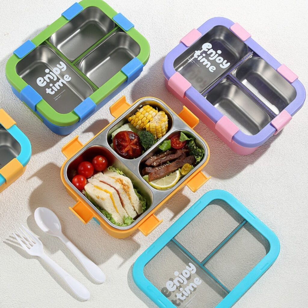 Stainless Steel Lunch Box with Cutlery Set | 3 Compartment | Portable & Leakproof | Insulated | 700 ML | Assorted Colors | Box Packing
