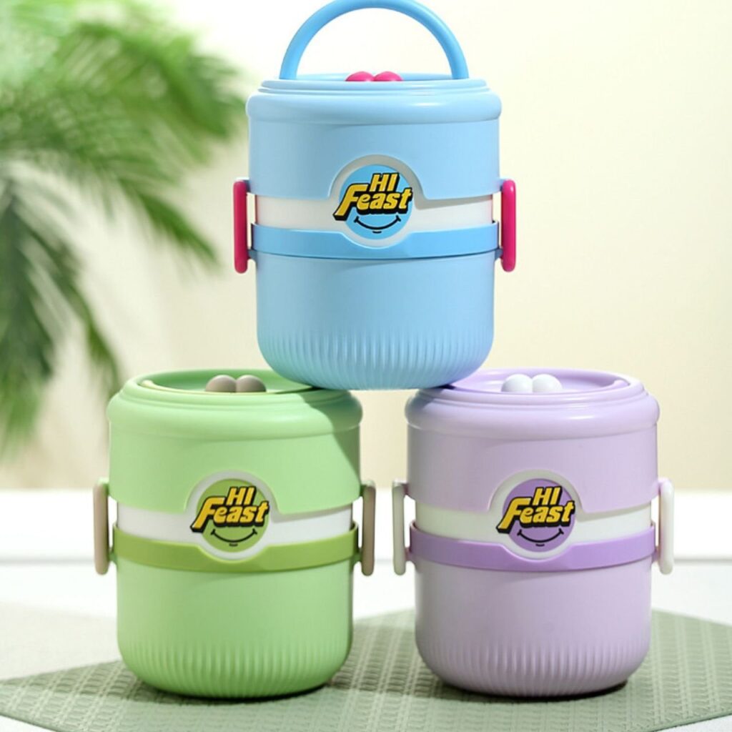Stainless Steel 2 layer Lunch Box with Foldable Spoon | Portable & Insulated | Secure Lock with Handle | 940 ML | Assorted Colors | Box Packing