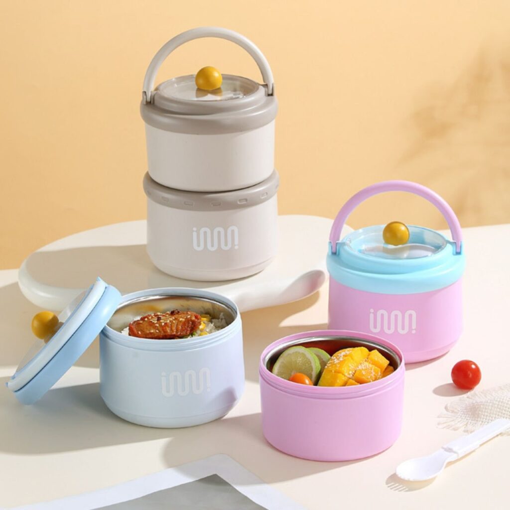 Stainless Steel Lunch Box with Foldable Spoon & Handle | 2 Layer | Double Wall Insulation | Round Portable | Leakproof | 1620 ML | Assorted Colors | Box Packing