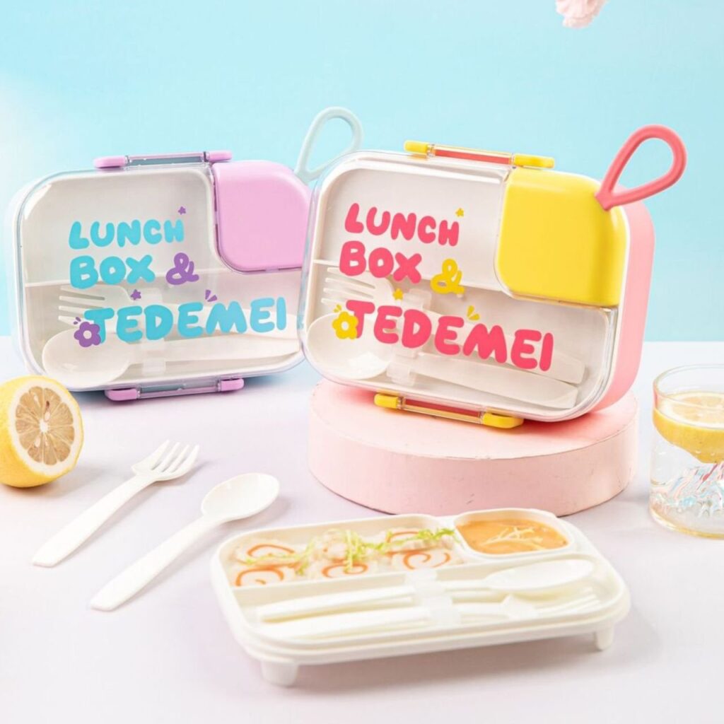 Stainless Steel 2 Compartment Lunch Box with Sauce Bowl & Spoon & Fork Set | Portable & Leakproof | 800 ML | Assorted Colors | Box Packing
