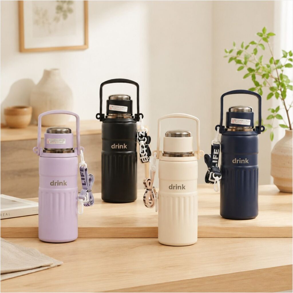Stainless Steel Vacuum Bottle with Handle & Strap | Double Wall | Portable & Leakproof | 1000 ML | Assorted Colors | Box Packing