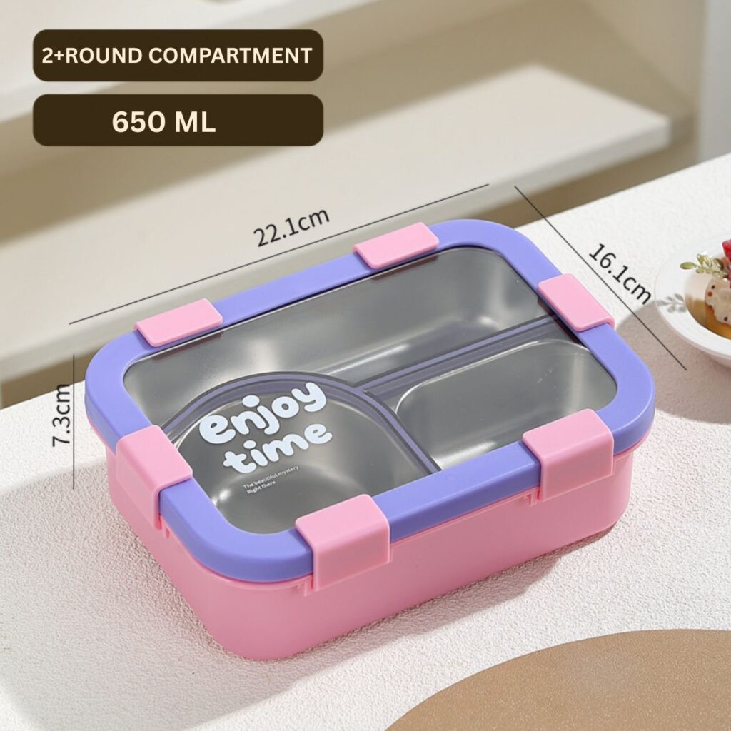 Stainless Steel Lunch Box with Cutlery | 2+Round Compartment | Portable & Leakproof | Insulated | 650 ML | Assorted Colors | Box Packing