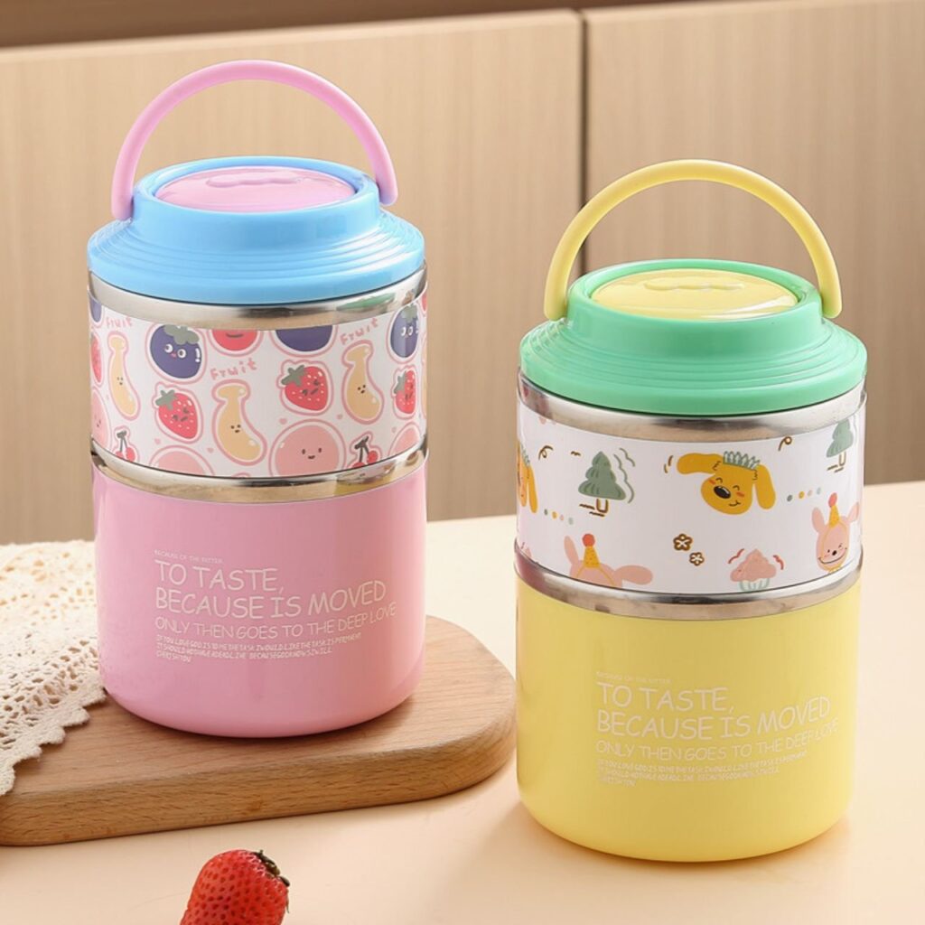 Stainless Steel Lunch Box | Double Wall Insulation | 2 Layer | Portable & Leakproof | Secure Lock with Handle | 1060 ML | Assorted Colors | Box Packing
