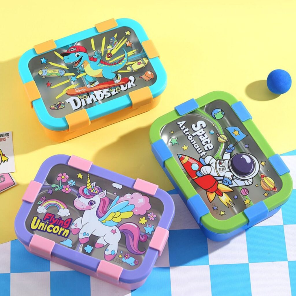 Stainless Steel Cartoon Printed Lunch Box with Cutlery | 2+Round Compartment | Portable & Leakproof | Insulated | 650 ML | Assorted Prints | Box Packing