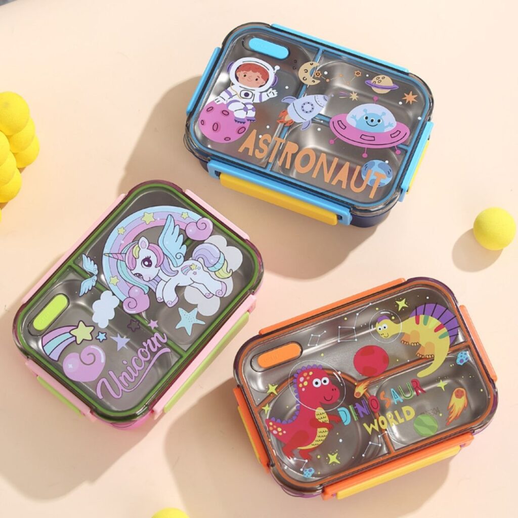 Stainless Steel Printed Lunch Box with Cutlery | 2+Round Compartment | Portable & Leakproof | Insulated | 650 ML | Assorted Prints | Box Packing