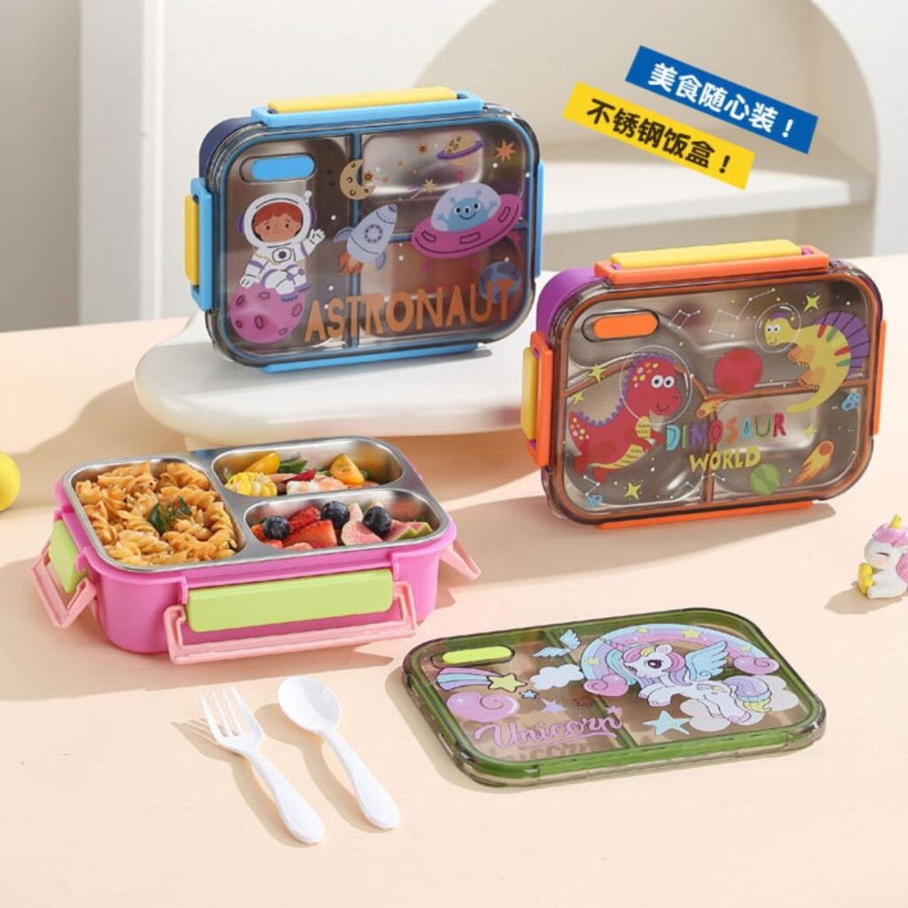 Stainless Steel Lunch Box with Cutlery Set | Cartoon Printed | Portable & Leakproof | Insulated | 3 Compartment | 700 ML | Assorted Prints | Box Packing