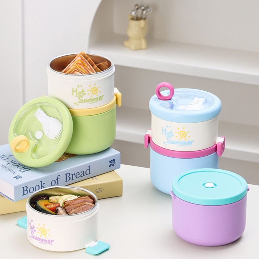 Stainless Steel Lunch Box with Foldable Spoon | 2 Layer | Double Wall Insulation | Leakproof | Portable & Secure Lock | 1280 ML | Assorted Colors | Box Packing