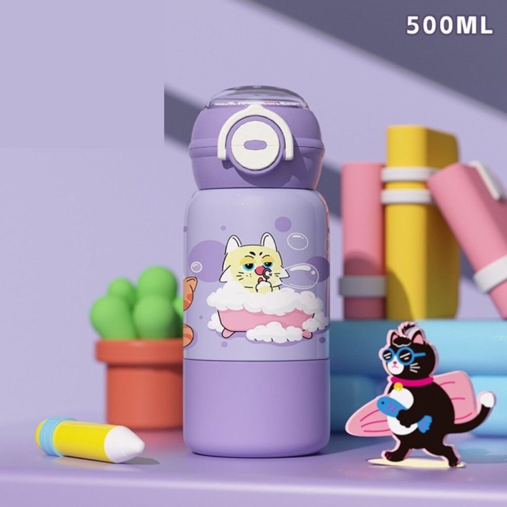 Stainless Steel Kids Sipper with Carry Band | Double Wall Insulations | Cartoon Printed | Dual Drinking System | Portable & Leakproof | 500 ML | Assorted Prints | Box Packing