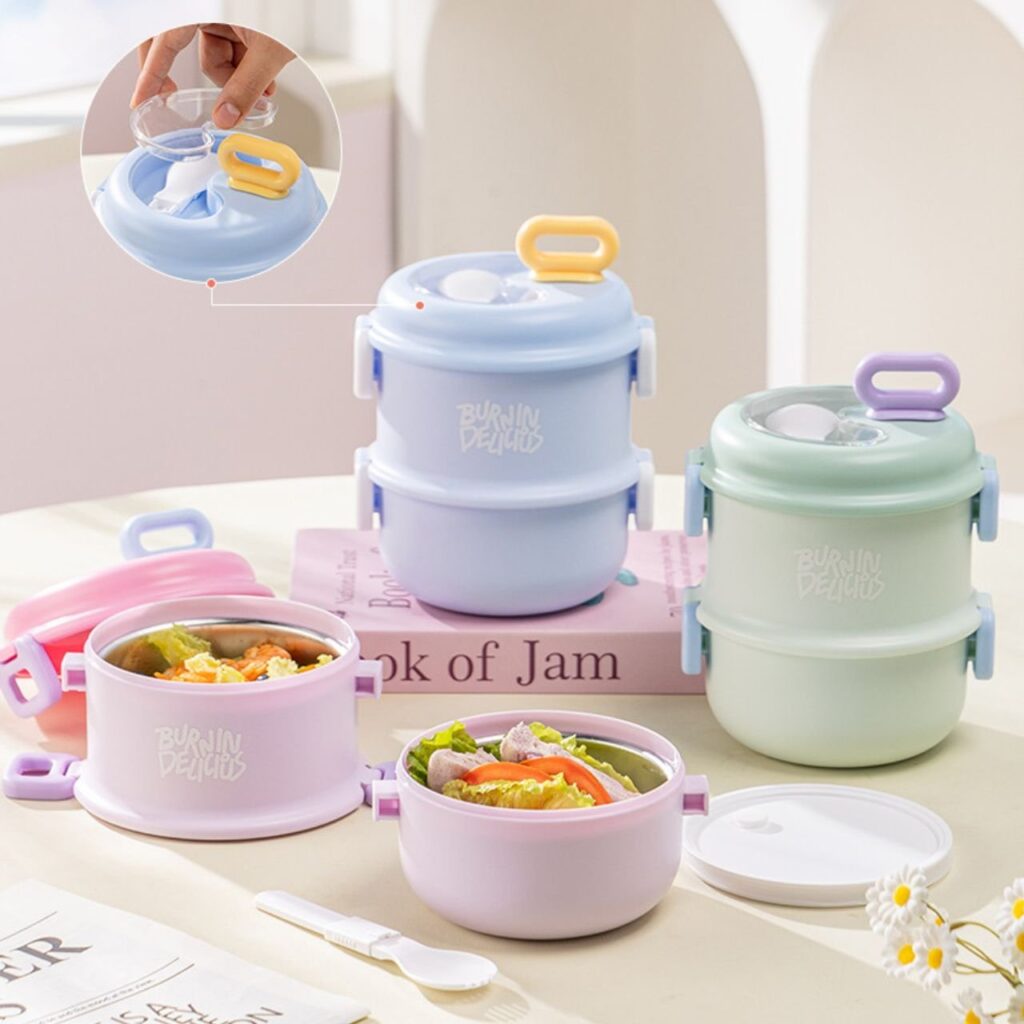 Stainless Steel Lunch Box with Foldable Spoon | 2 layer | Double wall Insulations | Portable & Leakproof | 1360 ML | Assorted Colors | Box Packing