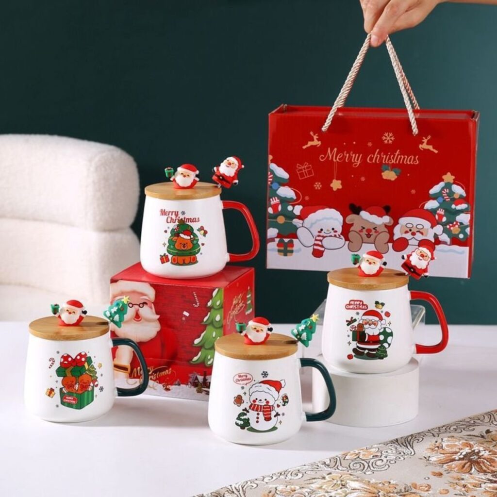Christmas Ceramic Coffee Mug with Spoon & Small Character | Wooden Cap with Small Character | 400 ML | Assorted Designs | Gift Box Packing