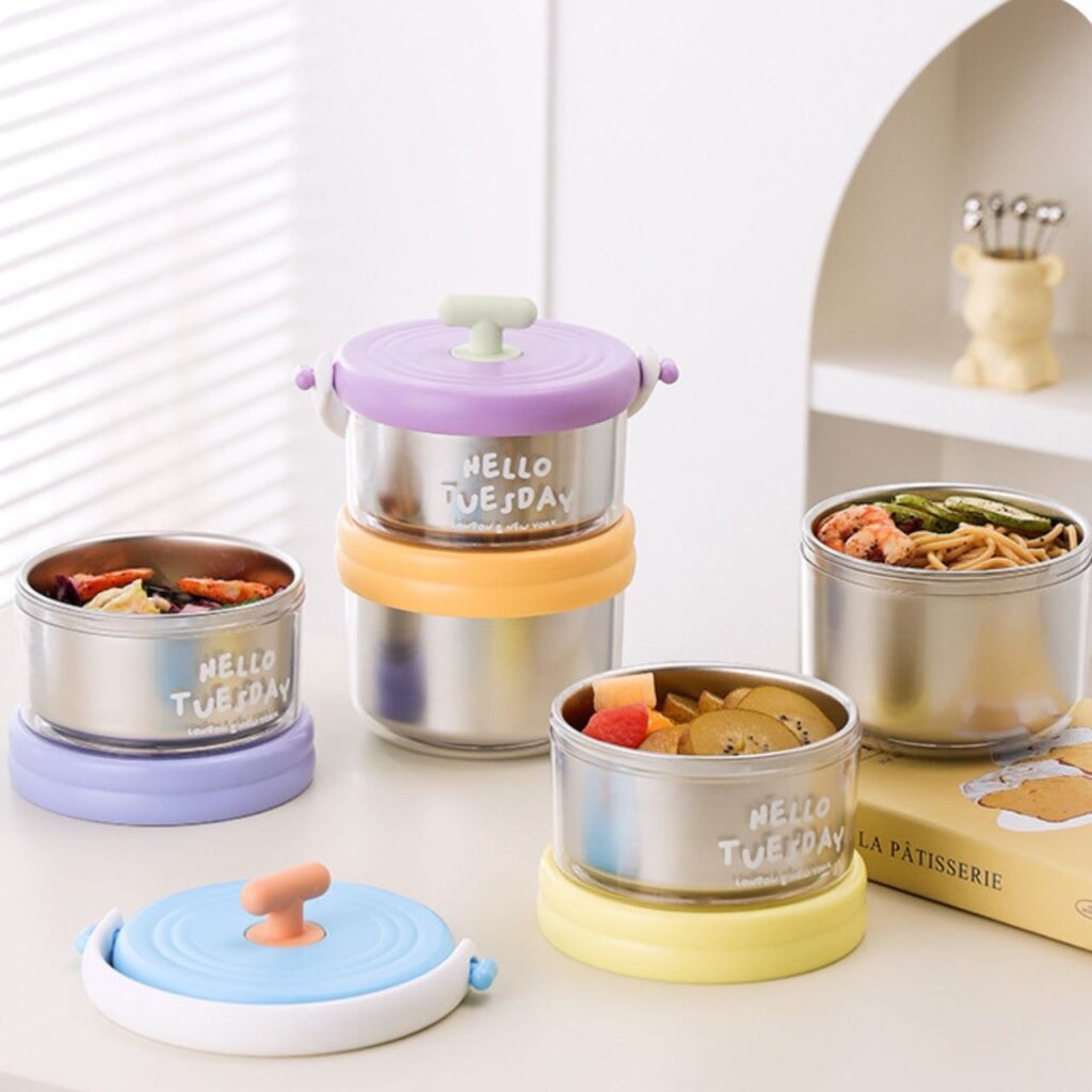 Stainless Steel Lunch Box with Foldable Spoon | Two Layer | Double wall Insulation | Portable & Leakproof | 1280 ML | Assorted Colors | Box Packing